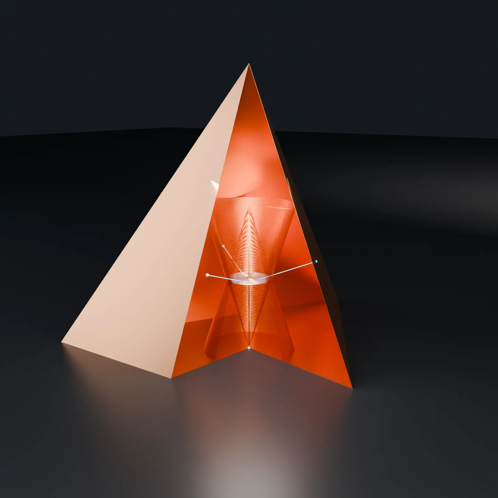 V1: copper tetrahedron cut open, showing the golden-ratio double-cone coil, the core disc, and cyan reference lines from each face centre to the tetrahedron's centre.