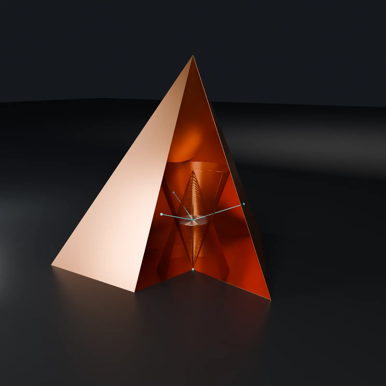 V2: copper tetrahedron cut open, showing the shorter √2 double-cone coil and the same core.