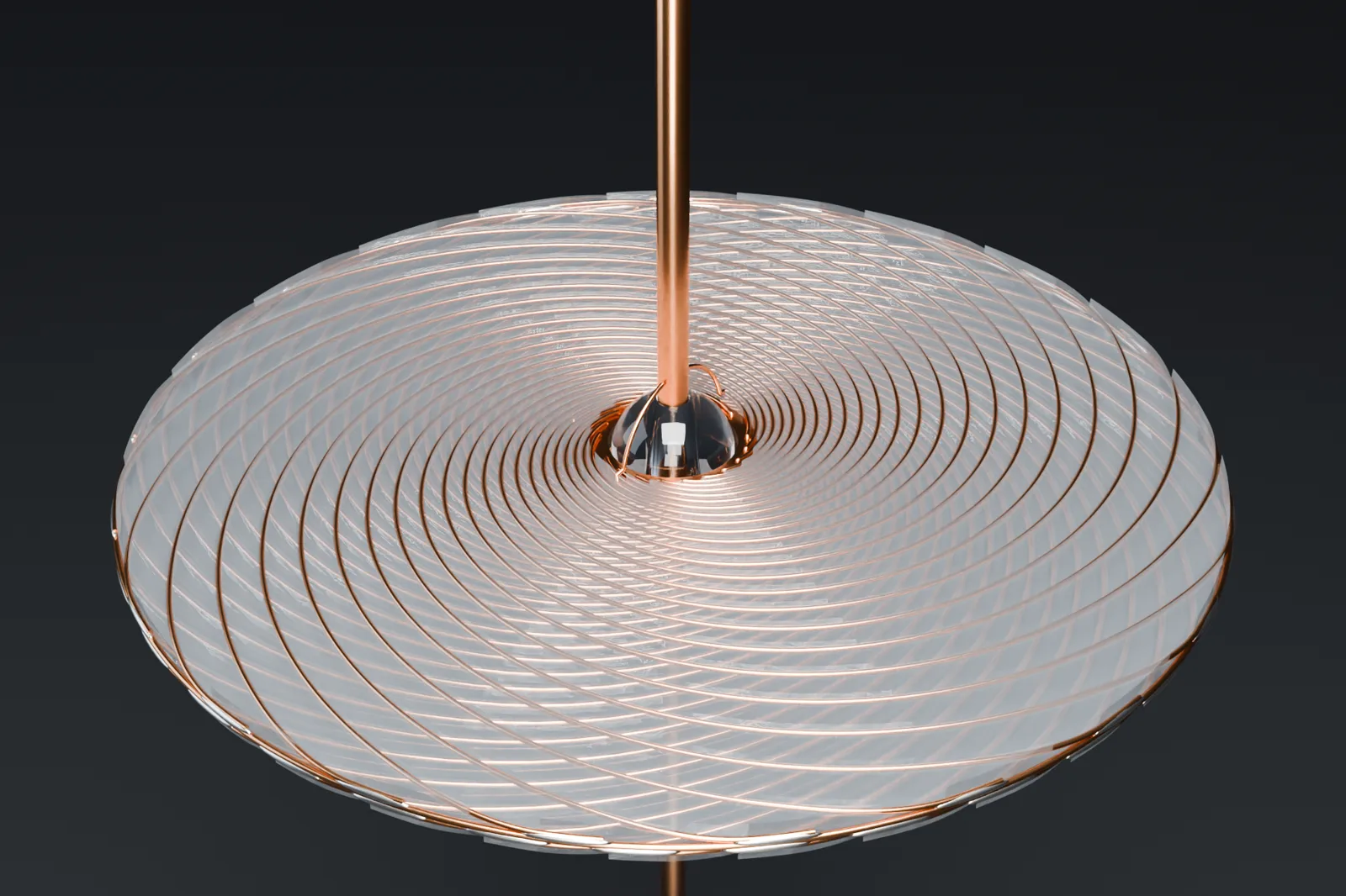 The core on its own: a 20 mm quartz sphere on a 5 mm copper rod, a flat copper ring, and a polycarbonate disc with 21 and 34 golden-spiral copper inlays meeting an outer copper wire ring.