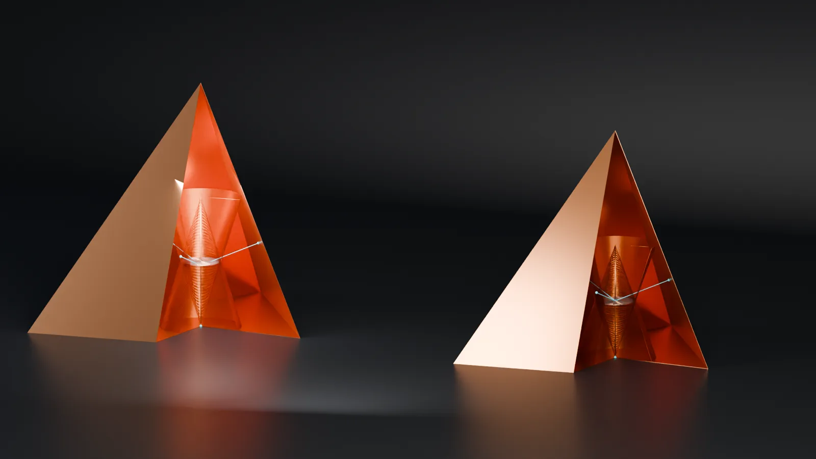 V1 and V2 together at true relative scale, both cut open, with cyan reference lines showing each tetrahedron's centre.