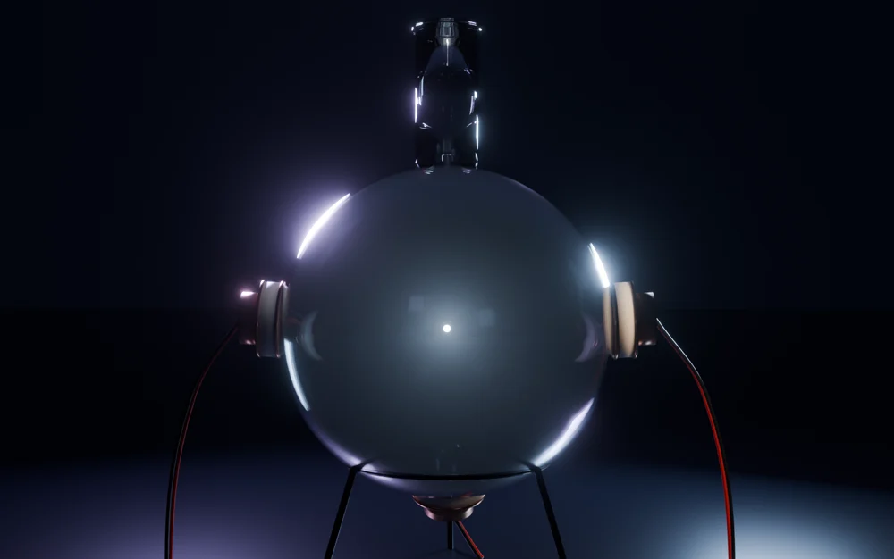 A glass flask of water in a dark laboratory, with copper piezo transducers on both sides and one blue-white point of light at its centre