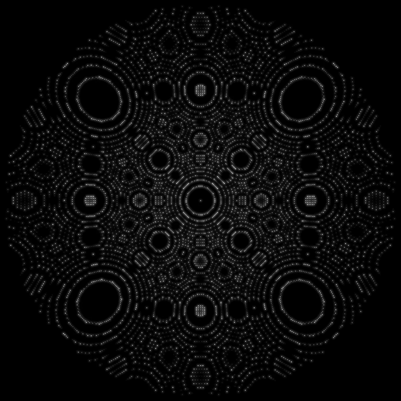 Simulated field ion microscope image of a platinum crystal seen down its 4-fold axis: concentric rings of atoms around the crystal poles in four-fold symmetry