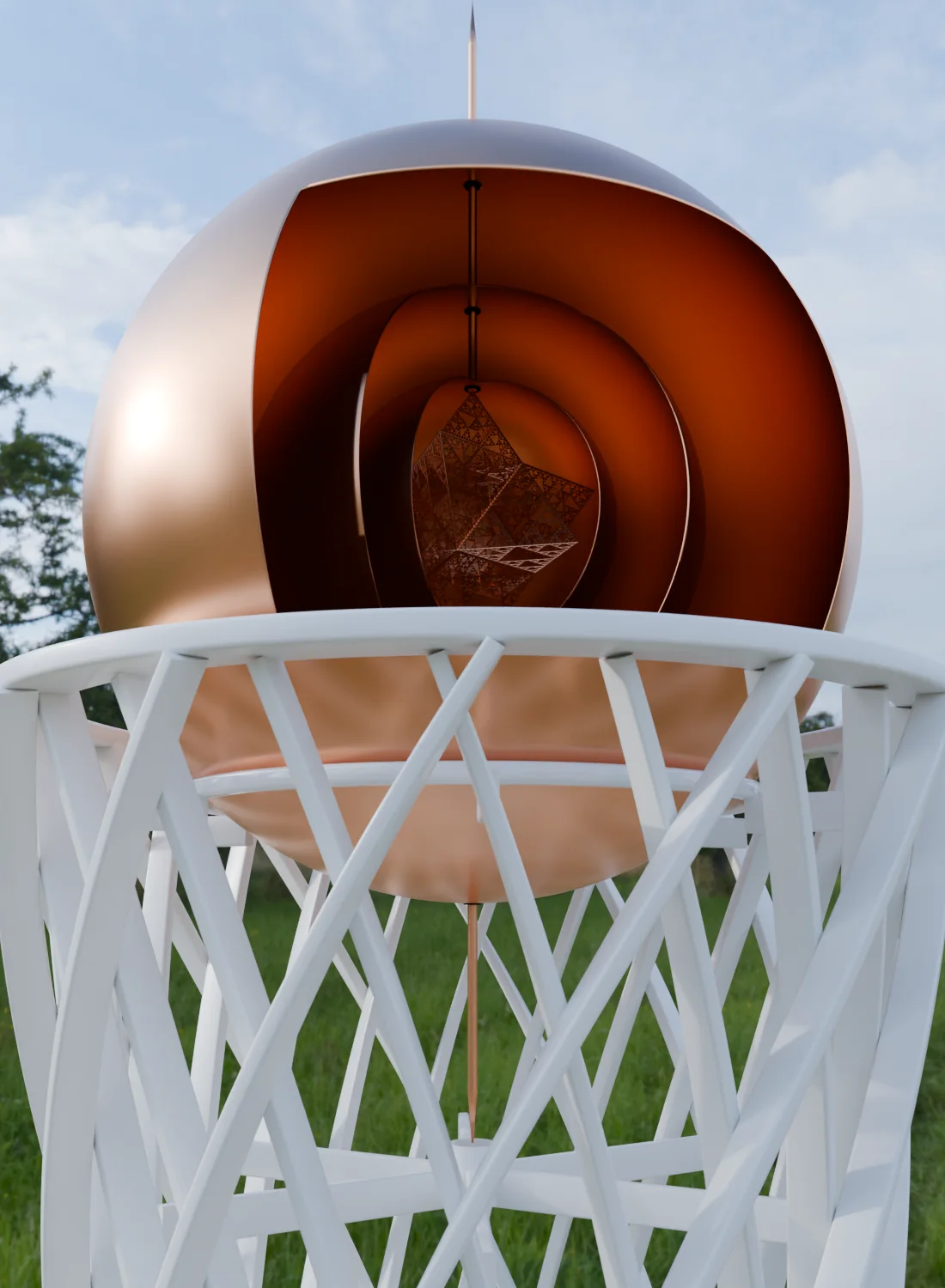 The copper sphere sitting in the cradle at the top of the lattice tower, with a window cut into the shell