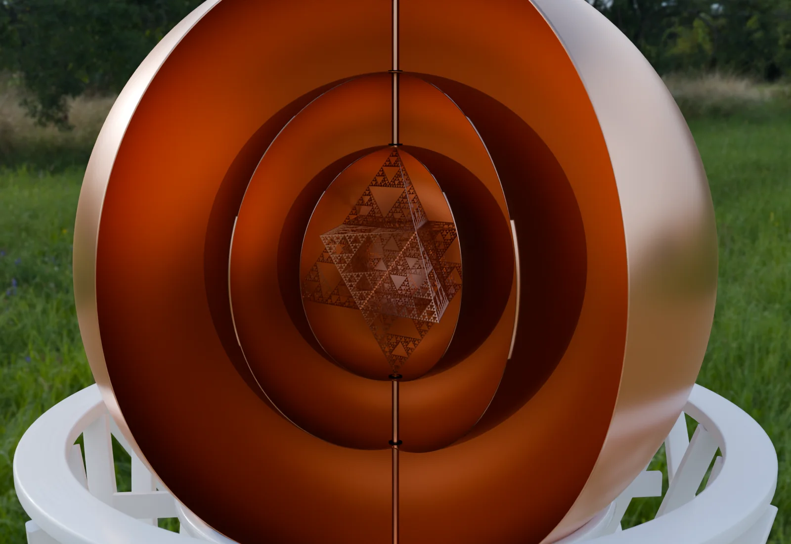 Cutaway of the copper sphere on top of the tower, showing the nested shells and the Merkaba at the centre
