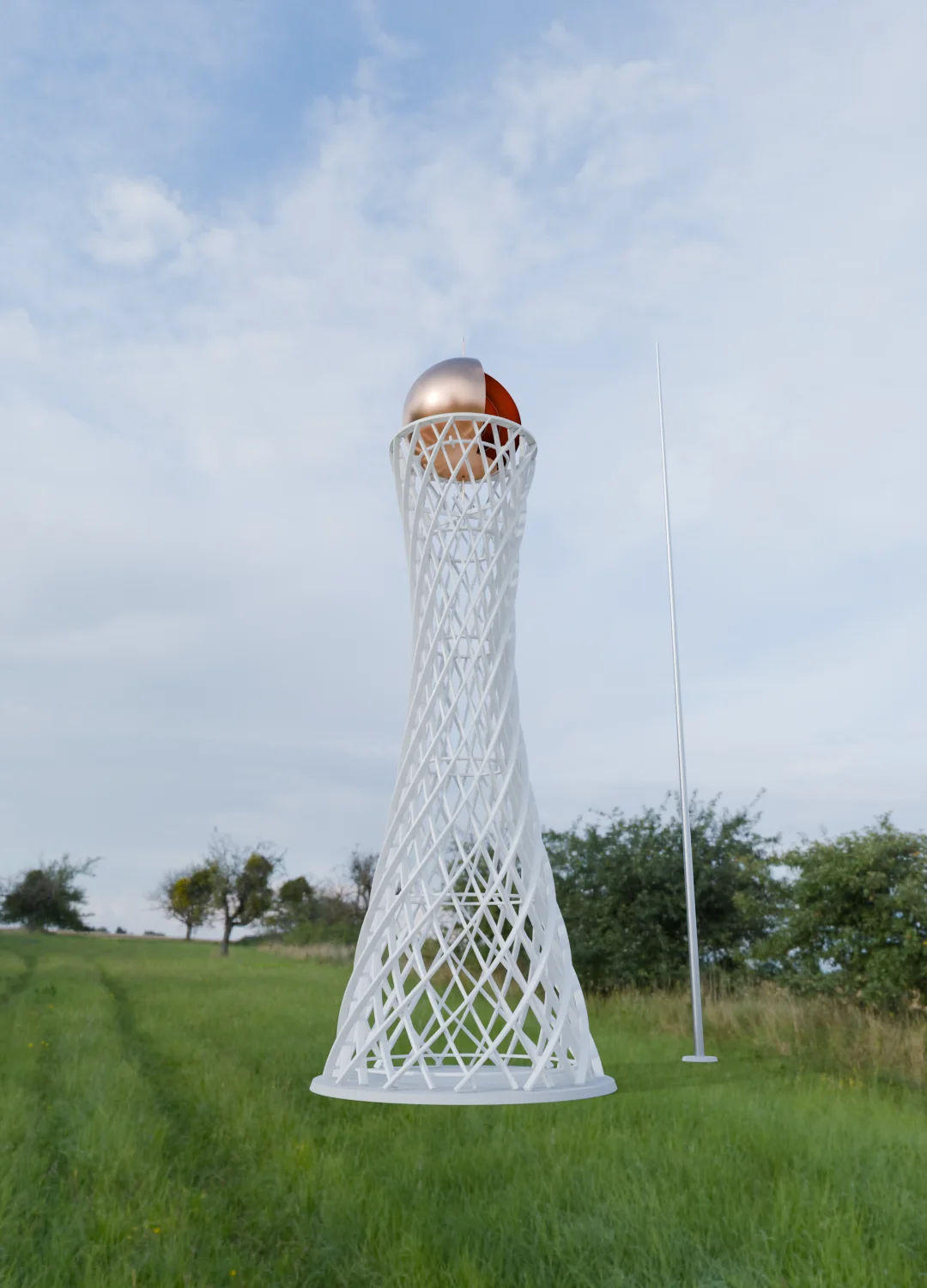 A white Fibonacci hyperboloid lattice tower in a green field, crowned with a copper sphere