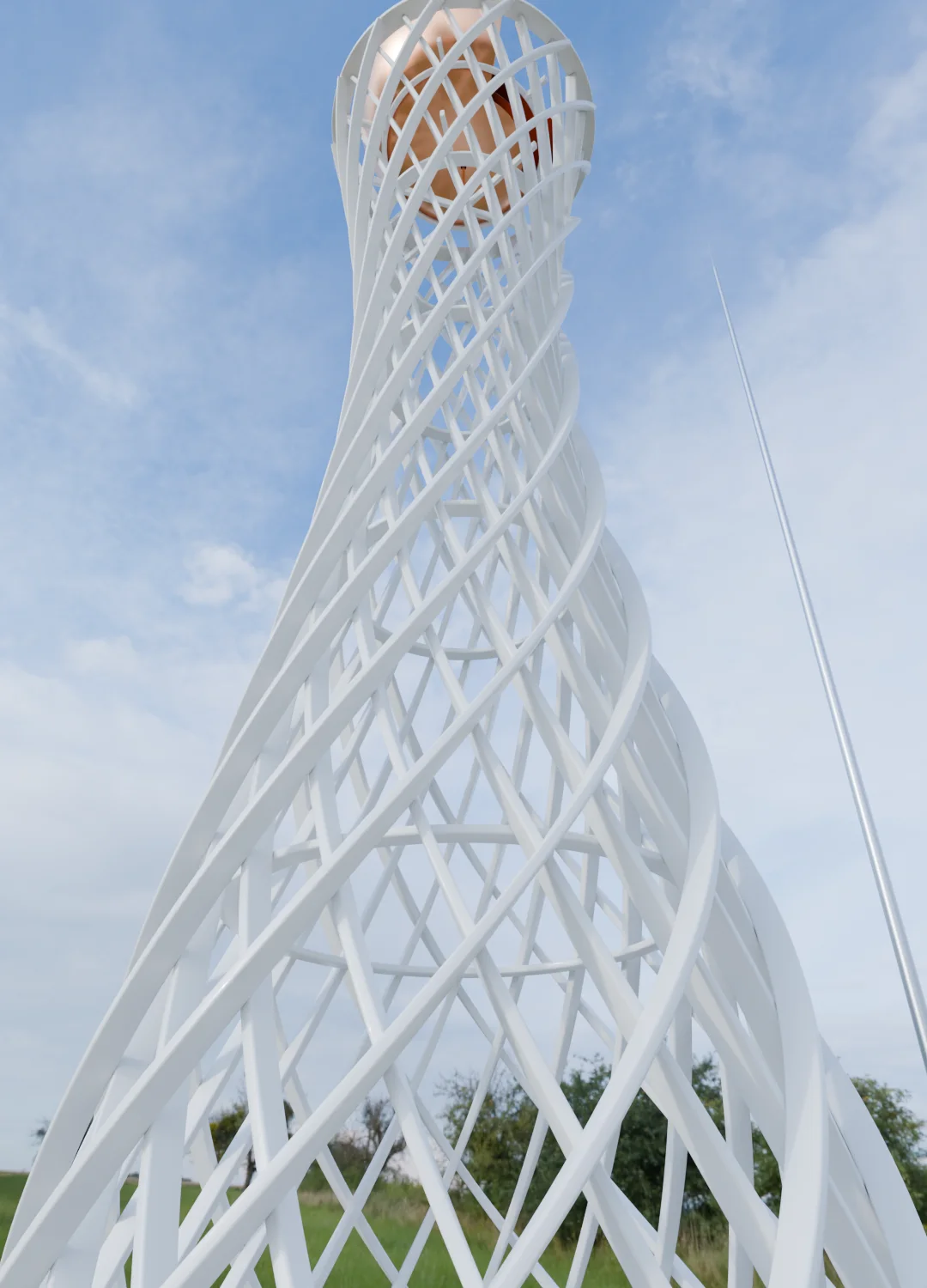 Looking up the spiralling lattice of the tower to the copper sphere